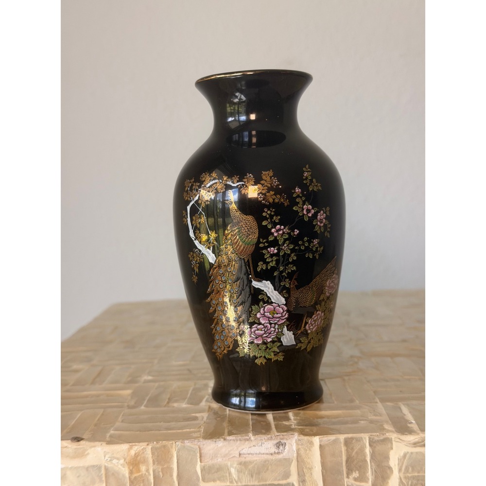 Vintage Black Porcelain Peacock Bud Vase Gold Trim Floral Asian Style 6.25"